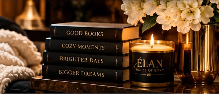 Beautifully styled reading nook with books, candle and warm gold accents